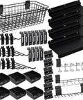 Slatwall Organizer Kit With Hooks Shelves Bins And Baskets Plus Screwdriver Holder For Garage And Room Storage 40 Piece Wall Mounted Setup For Easy Flexible Organization In Garage Or Workshop components displayed.