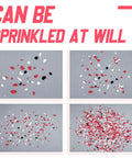Epoxy Floor Decorative Flakes Kit 2.4 Kg 5.3 Lb Red Black White Blend 5-8 Mm Chips shown in various dispersion patterns