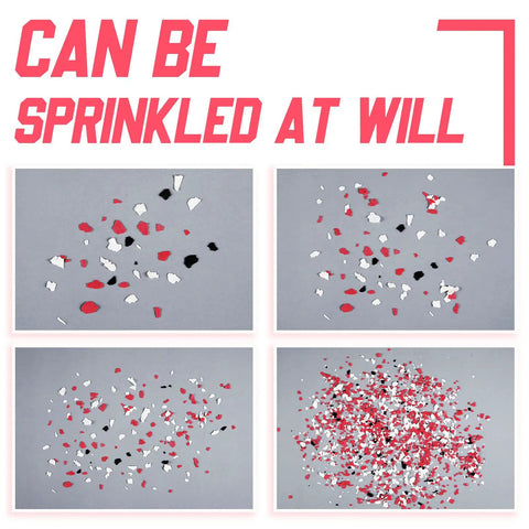 Epoxy Floor Decorative Flakes Kit 2.4 Kg 5.3 Lb Red Black White Blend 5-8 Mm Chips shown in various dispersion patterns