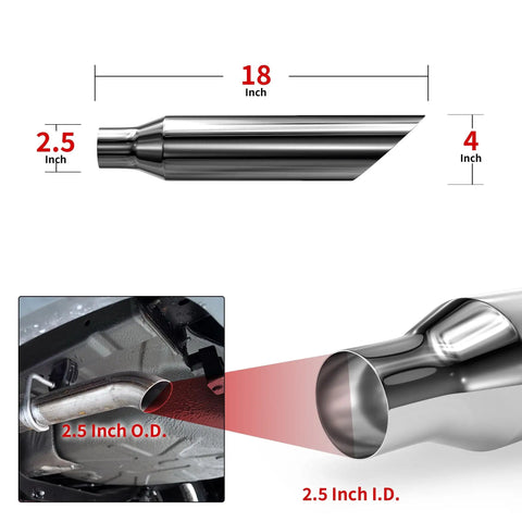Two Pack 18 Inch Stainless Steel Exhaust Tips Weld On Universal For 2.5 Inch OD Tailpipes Inlet 2.5 Inch Outlet 4 Inch Fits