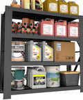 Industrial Grade Premium Badass Heavy Hitting Tough As Nails Metal Shelving Unit With Adjustable Black Steel Decks storing tools and equipment.