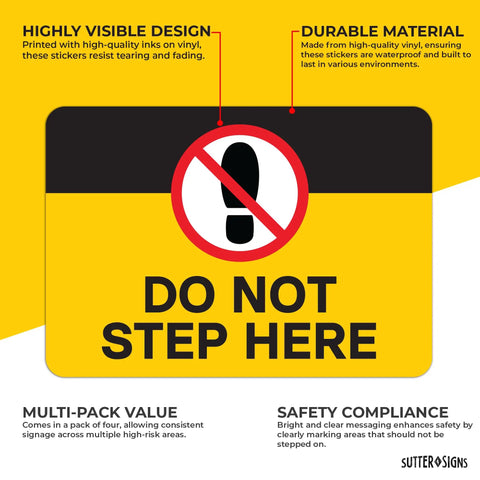 Do Not Step Here Sticker 4 Pack Self Adhesive Vinyl Safety Stickers For Pools Boats And Worksites Waterproof 10 By 7 Inches High Visibility Warning Stickers For Wet Environments Anywhere.