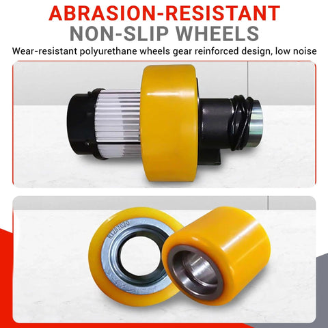 Full Electric Pallet Stacker wheel pair with yellow polyurethane wheels and bearings