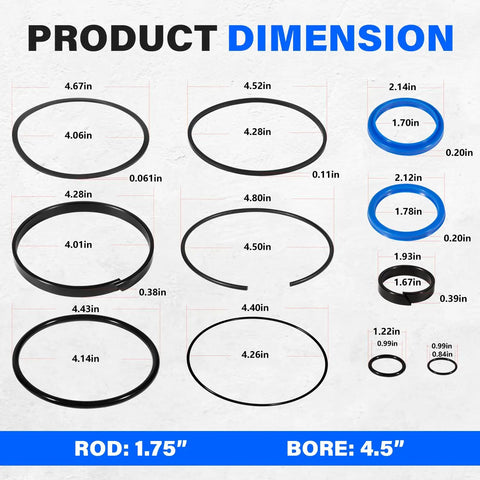 Pro Grade Hydraulic Log Splitter Cylinder Rebuild Seal Kit for 4.5 Inch Bore and 1.75 Inch Rod, All O Rings and Seals Included diagram