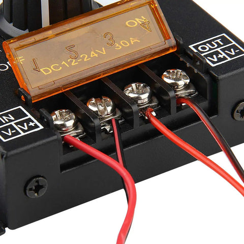 Close-up of LED Light Strip Dimmer Controller with Aluminum Housing 12V To 24V DC 30A PWM Brightness Rotating Knob On Off Switch