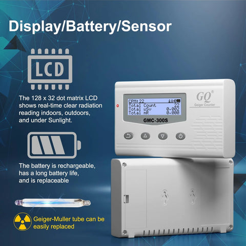 GQ GMC-300S Geiger counter with LCD display, white housing and replaceable Geiger–Müller tube
