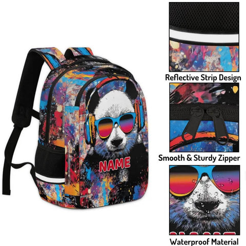 Personalized Dope Panda Backpack With Custom Name For Work And Travel College 16 Inch Laptop Bag Large Daypack With Padded Sleeve Rucksack For Adults Men Women, colorful design with panda image and name tag.