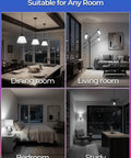 Rooms with diverse lighting setups showcasing Color Changing A15 RGBW LED Bulb 40W Equivalent With Remote 12 Colors 4 Pack in use.