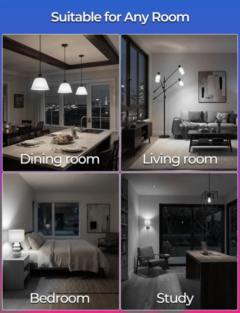 Rooms with diverse lighting setups showcasing Color Changing A15 RGBW LED Bulb 40W Equivalent With Remote 12 Colors 4 Pack in use.