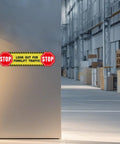 Five Pack Heads Up Watch Out For Forklift Traffic Floor Stickers 24 By 6 Inches Caution Safety Sign applied on warehouse wall