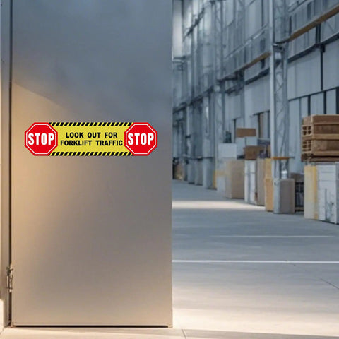 Five Pack Heads Up Watch Out For Forklift Traffic Floor Stickers 24 By 6 Inches Caution Safety Sign applied on warehouse wall