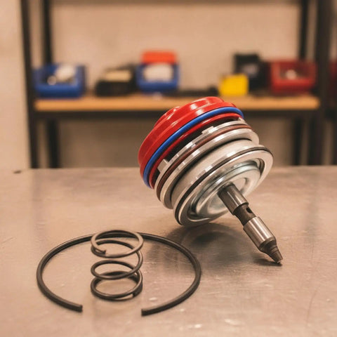 Heavy Duty Automotive Actuator Assembly Rock Solid Transmission Shifter Unit with red and blue seals and springs on a metal surface.