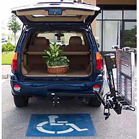 Swing Away Bracket For Outside Carriers And Lifts Class 3 Hitch Mounted Easy Breezy Pivot For Full Trunk Access 40 Lb Weight Automatic Hold Down Arm Works With Most Outdoor Carriers And Lifts on SUV, rear view