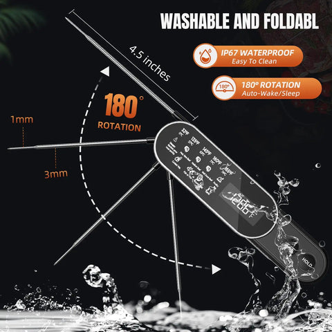 Side view of 0.5 Second Instant Read Meat Thermometer with Rechargeable Battery, showing 180° rotation and waterproof feature.