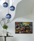 Hand Blown Glass Pendant Light For Kitchen Island Capri Blue Globe Seeded Bubbles Lit Eight Point Seven Inch Diameter 60 Inch Adjustable Cord ETL Listed Modern Ceiling Light in a contemporary interior.