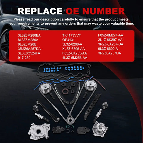 Beefed Up Timing Chain Kit With Oil Pump And Water Pump For 5.4L V8 Ford Trucks 2004 to 2008 F150 F250 F350 Navigator Expedition Replacement Timing Parts With Phasers VVTs layout on black background with OE numbers.