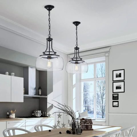 Rustic Farmhouse Round Pendant Light With Clear Glass Shades For Dining Room And Kitchen Island, Industrial Vibe Chandelier