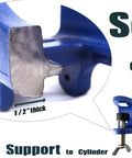 Solid steel casting of bench mount cylinder bracket for gas cylinders, showing thickness and sturdy design for secure support.