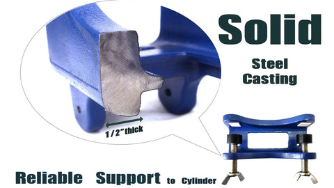 Solid steel casting of bench mount cylinder bracket for gas cylinders, showing thickness and sturdy design for secure support.