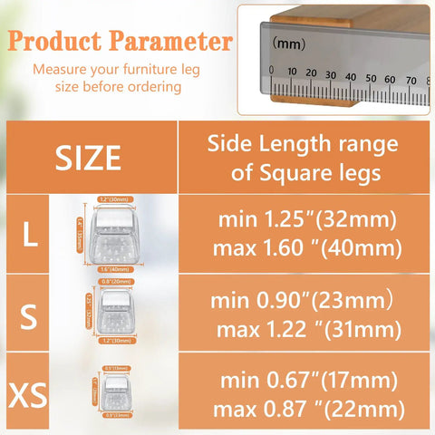Size guide for Square Chair Leg Floor Protectors 36 Pack, showing dimensions for XS, S, L with clear silicone covers.