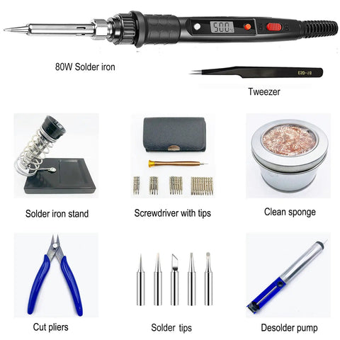Ultimate 80W Soldering Iron Kit With Solder Sucker Tweezers Stand Holder Wire Cutter Tips And Cleaner For Electronics Jewelry DIY Welding Repair Pro Grade Soldering Tool Set items layout.
