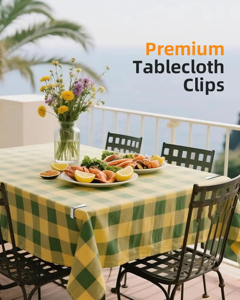 12 Pack Heavy Duty Tablecloth Clips, Stainless Steel Rust Proof Tablecloth Clamps securing a tablecloth on patio table