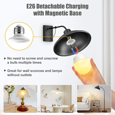 E26 detachable charging lamp with magnetic base shown above various room settings and hands holding a glowing bulb for easy use.