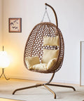 Cozy Hexagon Rattan Egg Swing Chair With Stand for home and outdoor chill wicker hammock lounge chair with cushion sturdy 350 lbs capacity beige comfort, indoors.