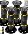 Four Pack Adjustable Bed Support Legs Eight Point Five To Thirteen Inches Heavy Duty Center Slat Reinforcement Kit showing black legs with yellow highlights.