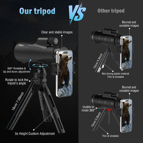 Clear 15x55 Monocular Telescope With Tripod And Phone Adapter For Adults on tripod, 360° adjustable, shown with phone mount