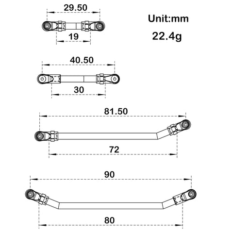 Double Bent Front And 90mm Rear Link Set For Axial SCX24 Deadbolt Crawler Beef Up Ground Clearance Titanium Alloy Or Aluminum Upgrade Nylon Rod Ends Brass Pivot Balls Flexible Build Options, dimension drawing