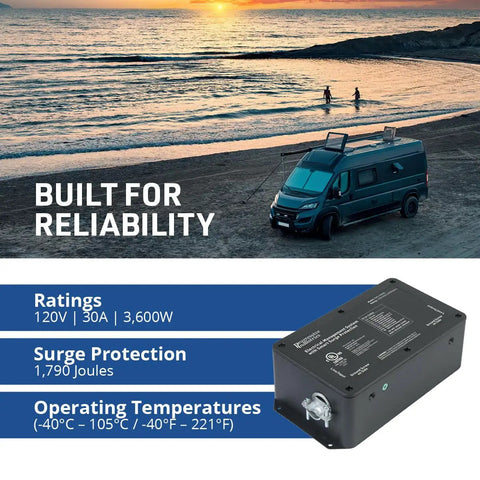 Heavy Duty RV Surge Protector 30 Amp 120V With Electronic Safety System Keeps RV Electronics Safe From Voltage Surges 3600 Watt Capacity Built Tough Black Unit For Long Trips, black box on product panel