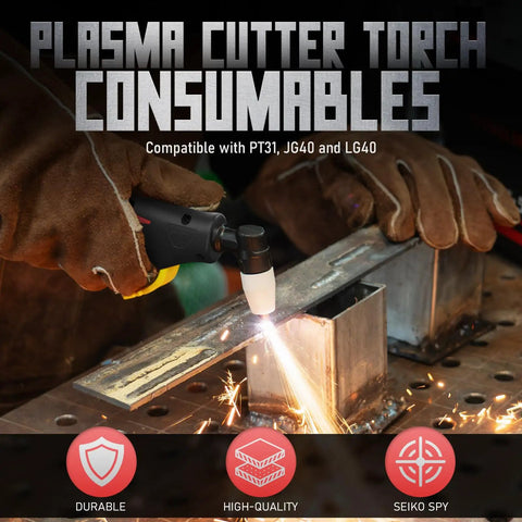 Plasma Cutting Consumables Kit For PT31 Torch Fits CUT-45 CUT-50 MCT-520 CT-520 With 110 Pieces Including Nozzles Electrodes Swirl Ring And Tips For Pro Grade Heavy-Duty High-Performance Cuts, showing torch cutting metal.
