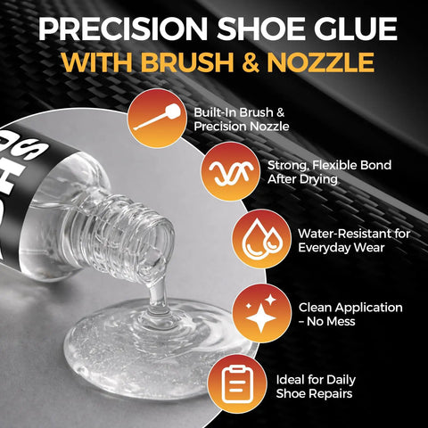 Waterproof Clear Shoe Repair Adhesive For Cracks And Peeling Soles Heavy Duty Glue with brush and nozzle, 30g. Close-up of glue application.