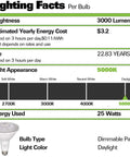 Lighting facts for 2 Pack Outdoor LED Flood Light Bulbs PAR38 3000 Lumen 25W 300W Equivalent Waterproof Dimmable Spotlight Replacement 5000K Daylight E26 Base displaying lumens, cost, and lifespan information