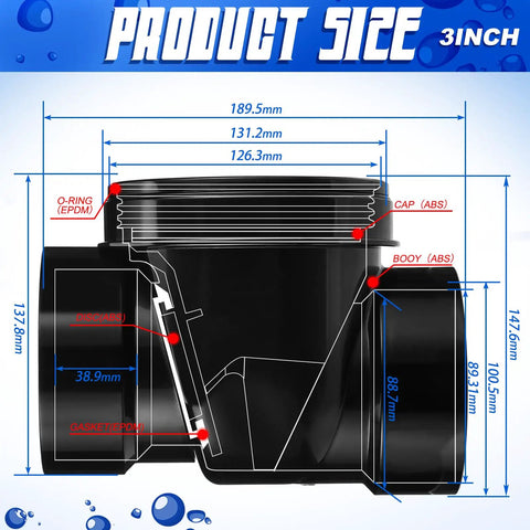Technical diagram of 3 Inch Backwater Valve And Drain Backflow Preventer For Sewage And Rainwater ABS Black Heavy Duty Sewer Stopper