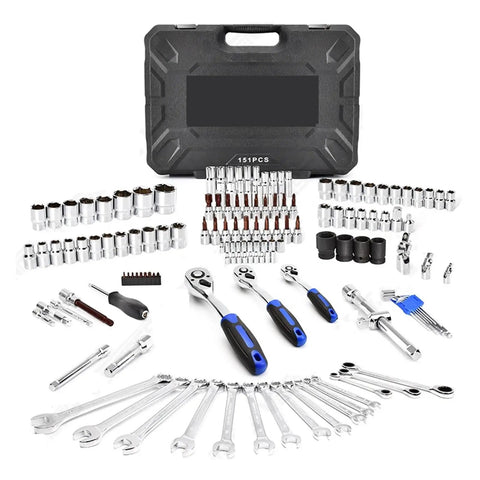 Pro Grade Ultimate Mechanic Tool Set 151 Pieces With 1/2 1/4 3/8 Drive Sizes displayed with black storage case