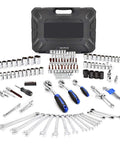 Heavy Duty Mechanic Tool Set 151 Pc Mixed Socket Wrench Kit For Auto And Home Repair tools laid out in a case with chrome polish finish.