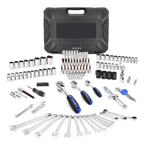 Heavy Duty Mechanic Tool Set 151 Pc Mixed Socket Wrench Kit For Auto And Home Repair tools laid out in a case with chrome polish finish.