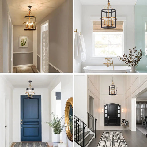Modern 4 Light Lantern Pendant Chandelier In Matte Black And Brass Finish for kitchen and foyer lighting