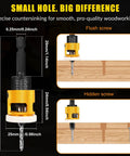 Woodworking Countersink Drill Bit Set With Low Friction Depth Stop Includes 1/8 In, 9/64 In, 5/32 In Drill Bits And 3/8 In 82 Degree Counterbores Plus 11/64 In, 3/16 In Drill Bits With 1/2 In 82 Degree Counterbores 1/4 In Hex Shank shown with size measurements and wood application examples.