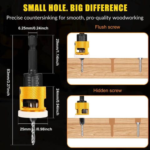 Woodworking Countersink Drill Bit Set With Low Friction Depth Stop Includes 1/8 In, 9/64 In, 5/32 In Drill Bits And 3/8 In 82 Degree Counterbores Plus 11/64 In, 3/16 In Drill Bits With 1/2 In 82 Degree Counterbores 1/4 In Hex Shank shown with size measurements and wood application examples.