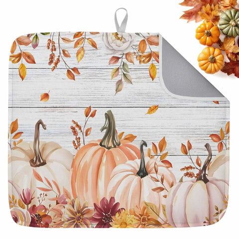 Fall Thanksgiving Dish Drying Mat With Pumpkin Leaves Floral Design Absorbent Microfiber Surface
