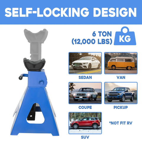 6-ton automotive jack stands, heavy-duty blue steel, adjustable height 14.6–24 in, pair
