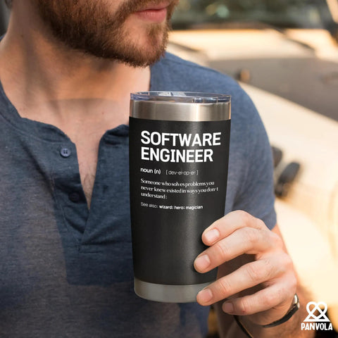 Man holding Engineer Definition Coffee Tumbler 20 Oz Vacuum Insulated Stainless Steel With Removable Lid And Straw Perfect Gift