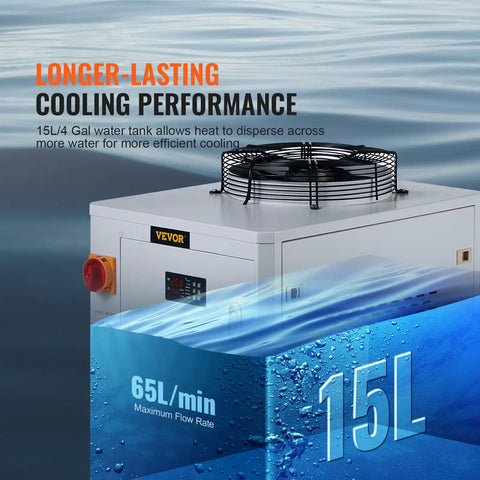 Rugged Industrial Water Chiller Built To Crush Heat Fast With 65 Liters Per Minute Flow And A 15 Liter Tank, showing top view and cooling fan.