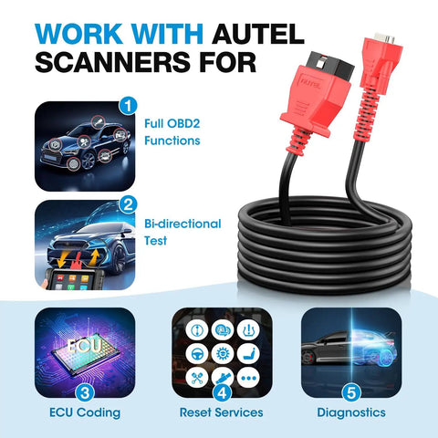 OBD2 Diagnostic Cable For 808 Series Scanners 16 Pin DB15 OBDII Adapter With 5.6Ft Cable shown with Autel scanner functions