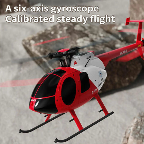 MD500 RC Helicopter Model C189 1/28 Scale 4CH Single Rotor with 6-Axis Gyro in flight, close-up, camouflage finish