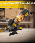 Angled side view of Enventor mini circular saw, yellow and gray, corded with laser guide