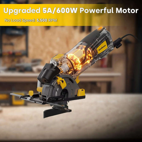 Angled side view of Enventor mini circular saw, yellow and gray, corded with laser guide